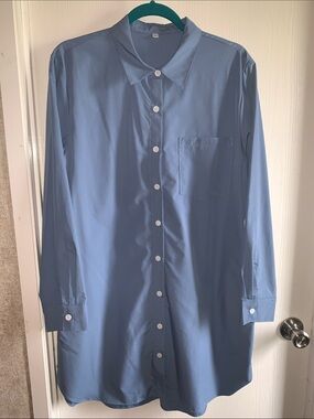 Classic Long-Sleeve Button-Up Shirt Dress - Blue